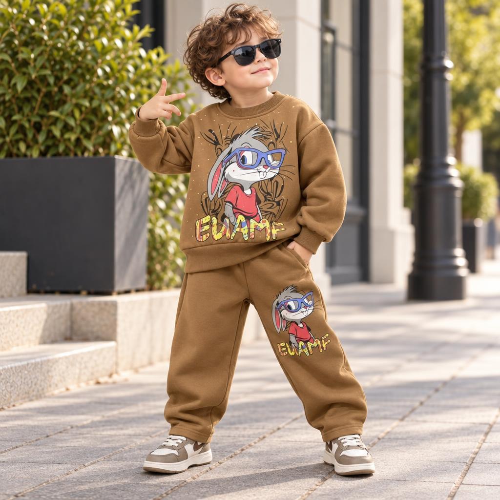 Boy wearing the Brown bunny graphic sweatshirt and cuffed trouser set outdoors, with the rabbit in Blue sunglasses design visible.