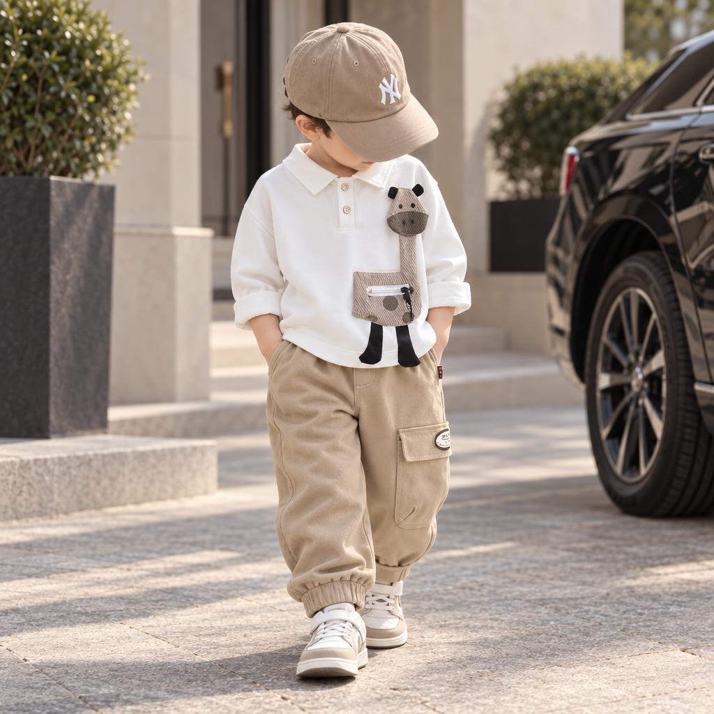 Little boy wearing the White horse applique polo shirt and Beige baggy cargo pants, showing the front zip-pocket horse detail.
