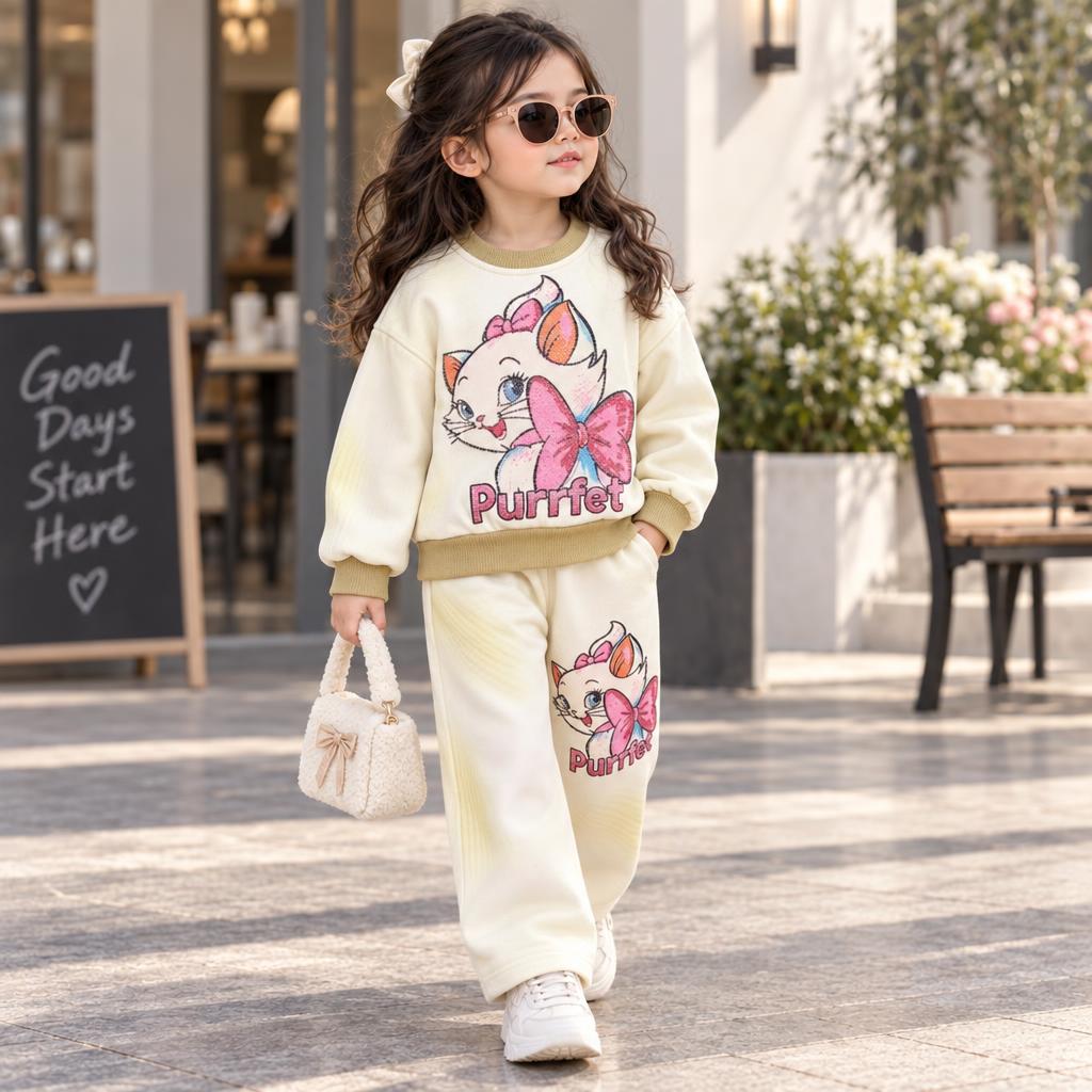 Girl modelling the Yellow and White Purrfet kitten graphic sweatshirt and matching trouser set, with a large Pink bow on the cat artwork.