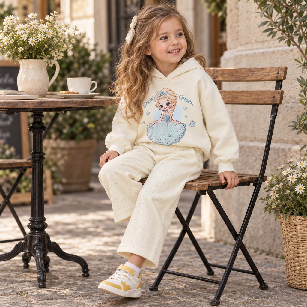 Girl wearing the Cream Snow Queen hooded sweatshirt and wide-leg trouser set, with princess artwork and dotted lower trouser legs.