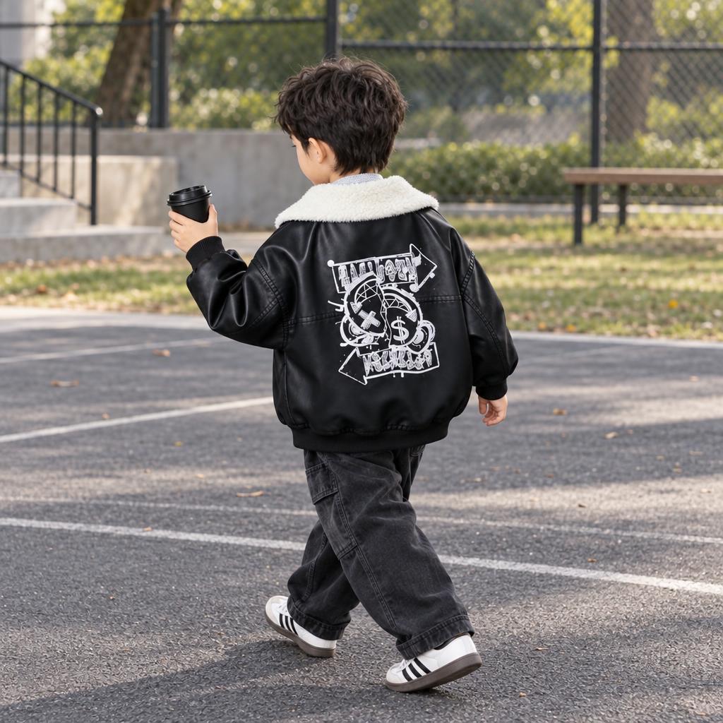 Young boy wearing the Black sherpa-collar leather-look jacket from the back outdoors, showing the large White graphic print across the back.