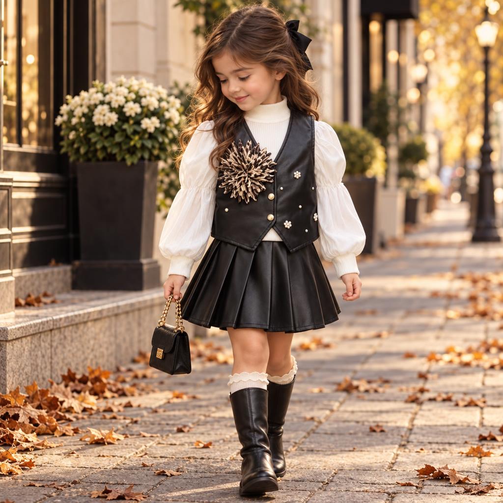 Girl wearing the Black leather-look flower vest and matching pleated skirt with a White sheer puff-sleeve high-neck shirt.