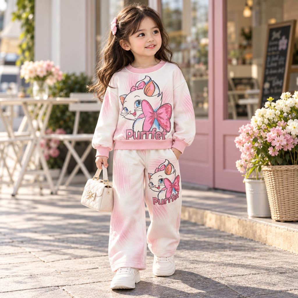 Girl modelling the Pink and White Purrfet kitten sweatshirt and trouser set outdoors, showing the matching cat graphic on one trouser leg.