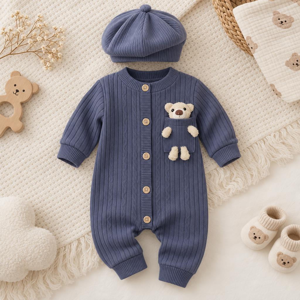 Light Blue knit-look baby full-length romper with matching beret-style cap, wood-look button front and raised teddy bear pocket applique.