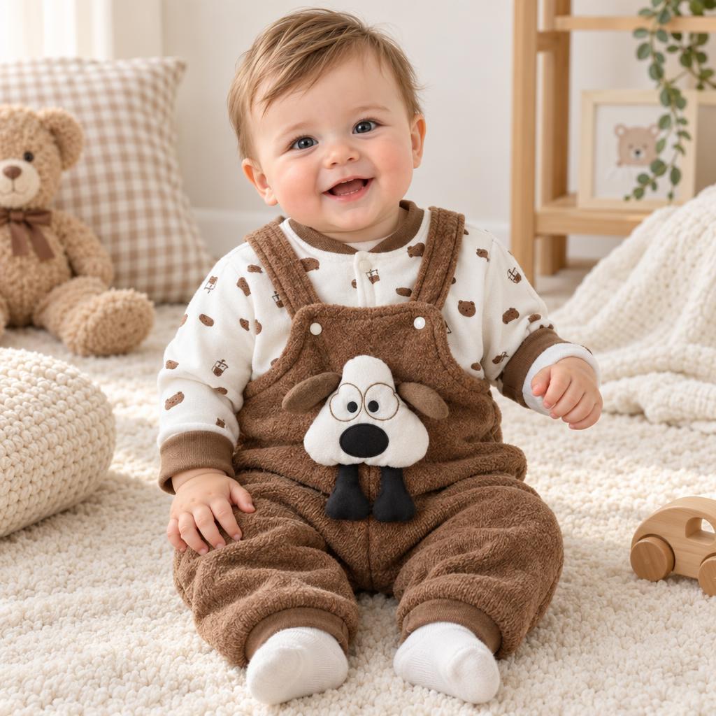 Baby wearing the Brown puppy applique dungaree and white bear-print shirt set, seated on a cream nursery rug.