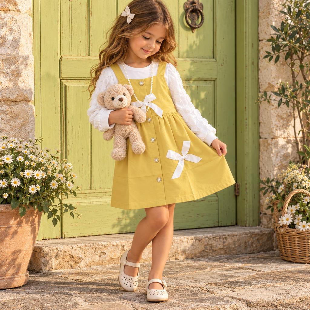 Girl modelling the Yellow button-front pinafore frock with White textured puff-sleeve shirt and White waist bows, styled with a teddy bear.