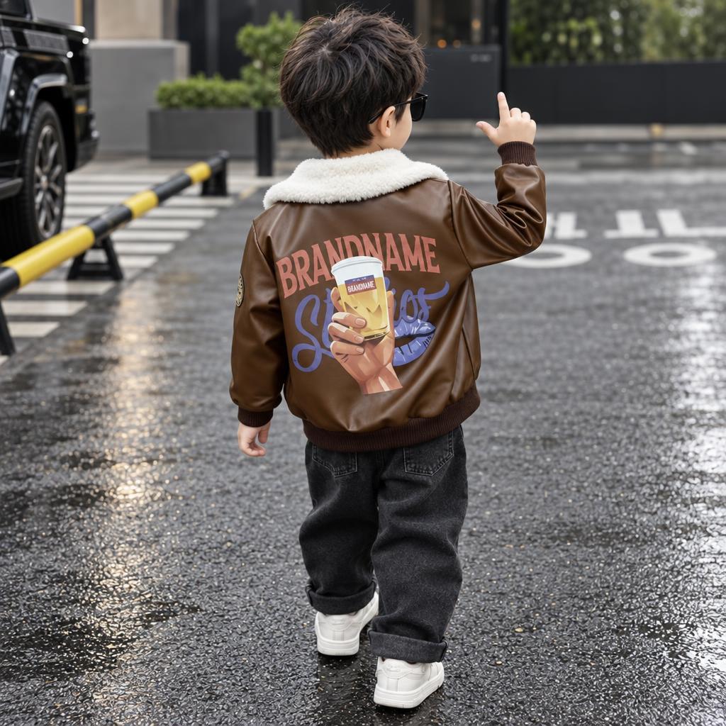 Boy wearing the Brown leather-look sherpa-collar jacket from the back outdoors, showing the large BRANDNAME wording and colourful hand-held drink illustration.