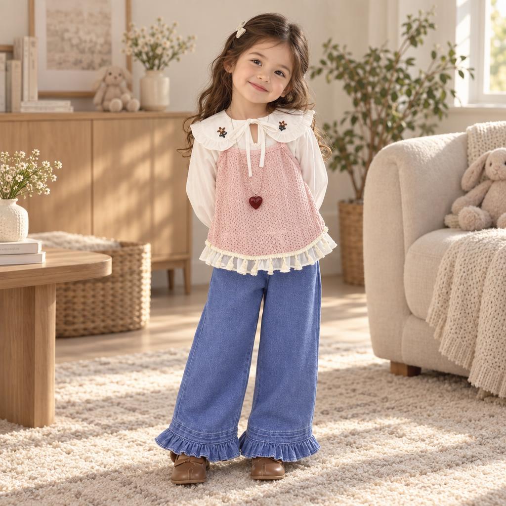 Girl modelling the Pink textured knit-look vest with White ruffle-collar shirt and relaxed Blue denim-look pants.