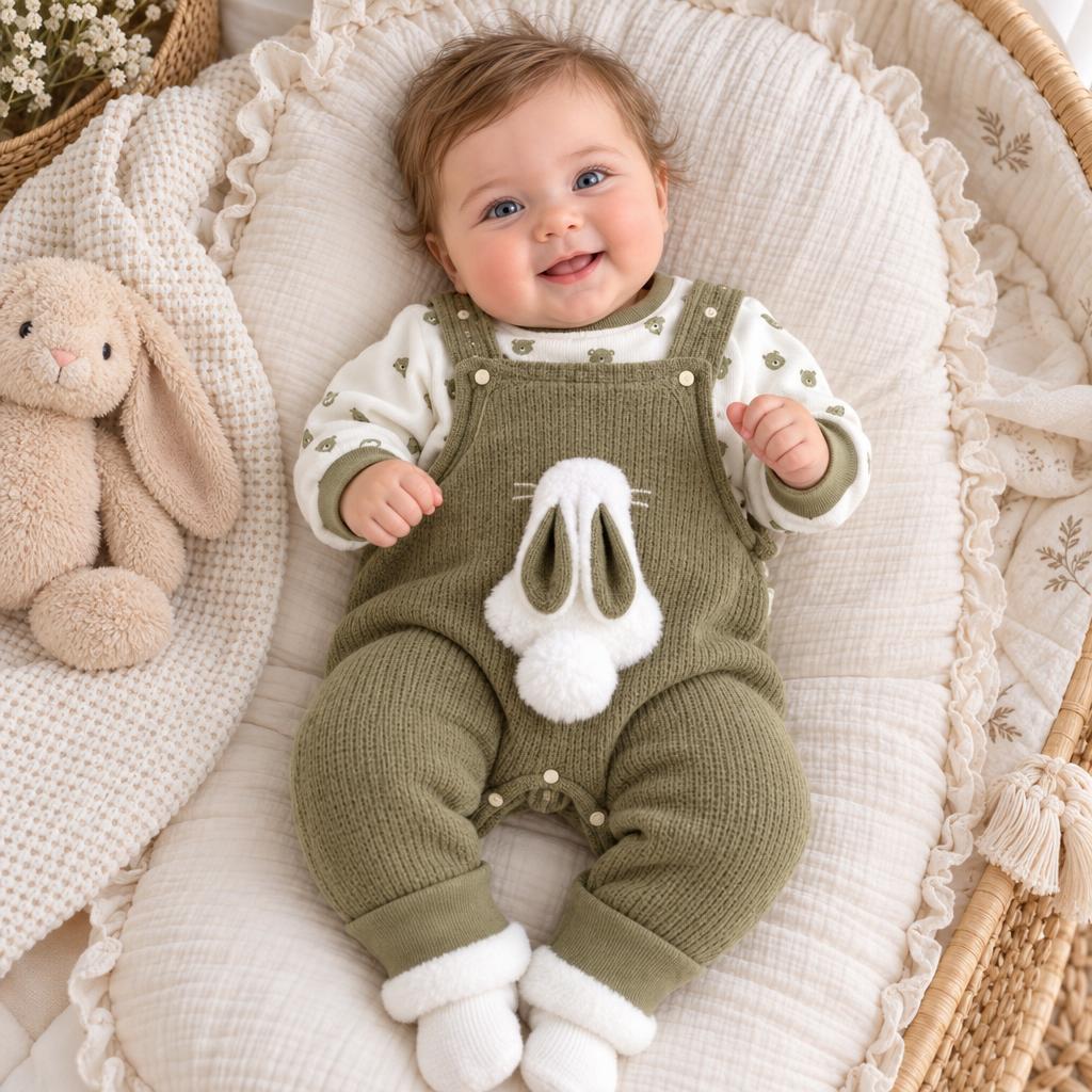 Baby wearing the Green ribbed bunny applique dungaree layered over a cream bear-print long-sleeve shirt.