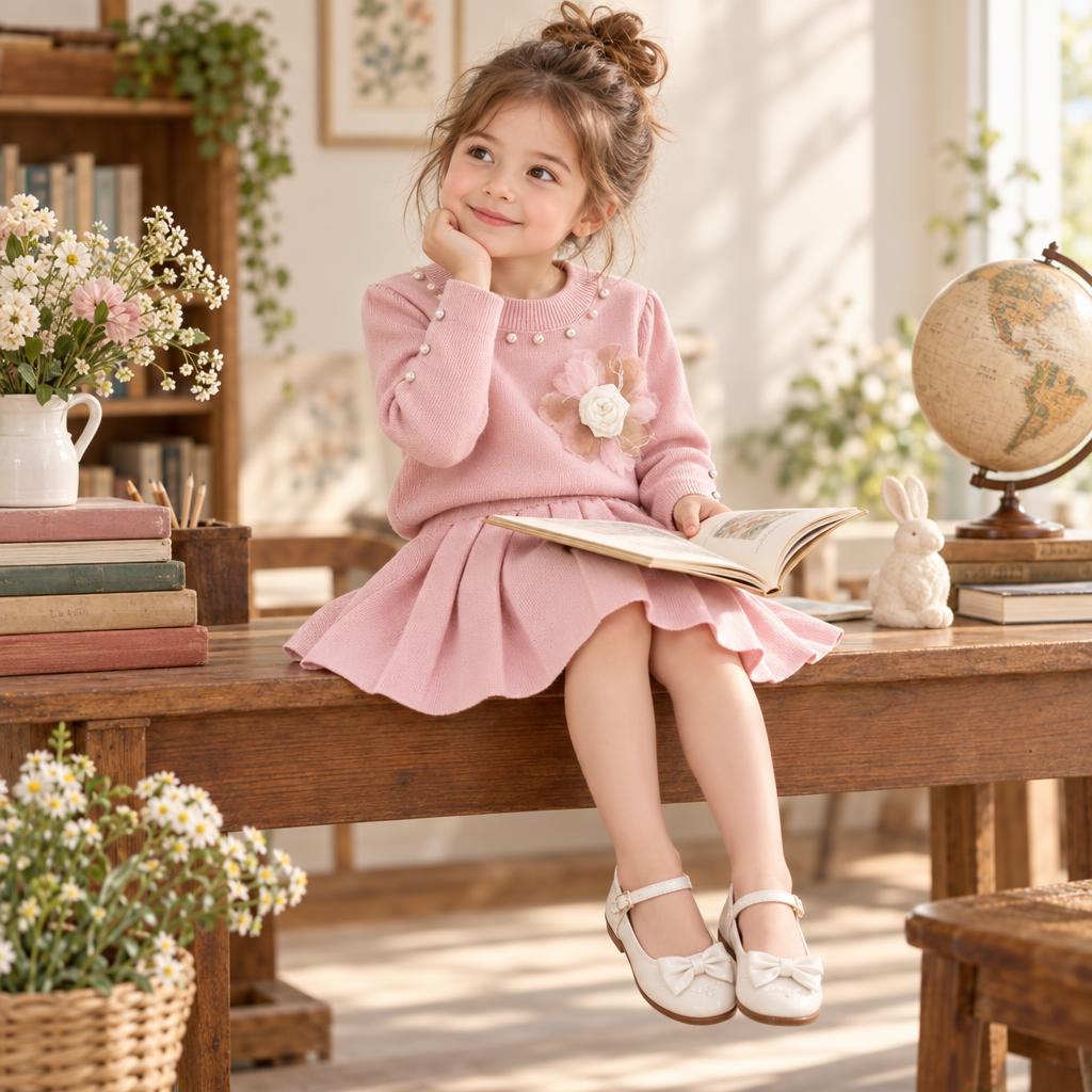 Girl wearing the Pink pearl flower knit shirt and flared skirt set, seated with an open book; shirt has a layered flower chest applique.