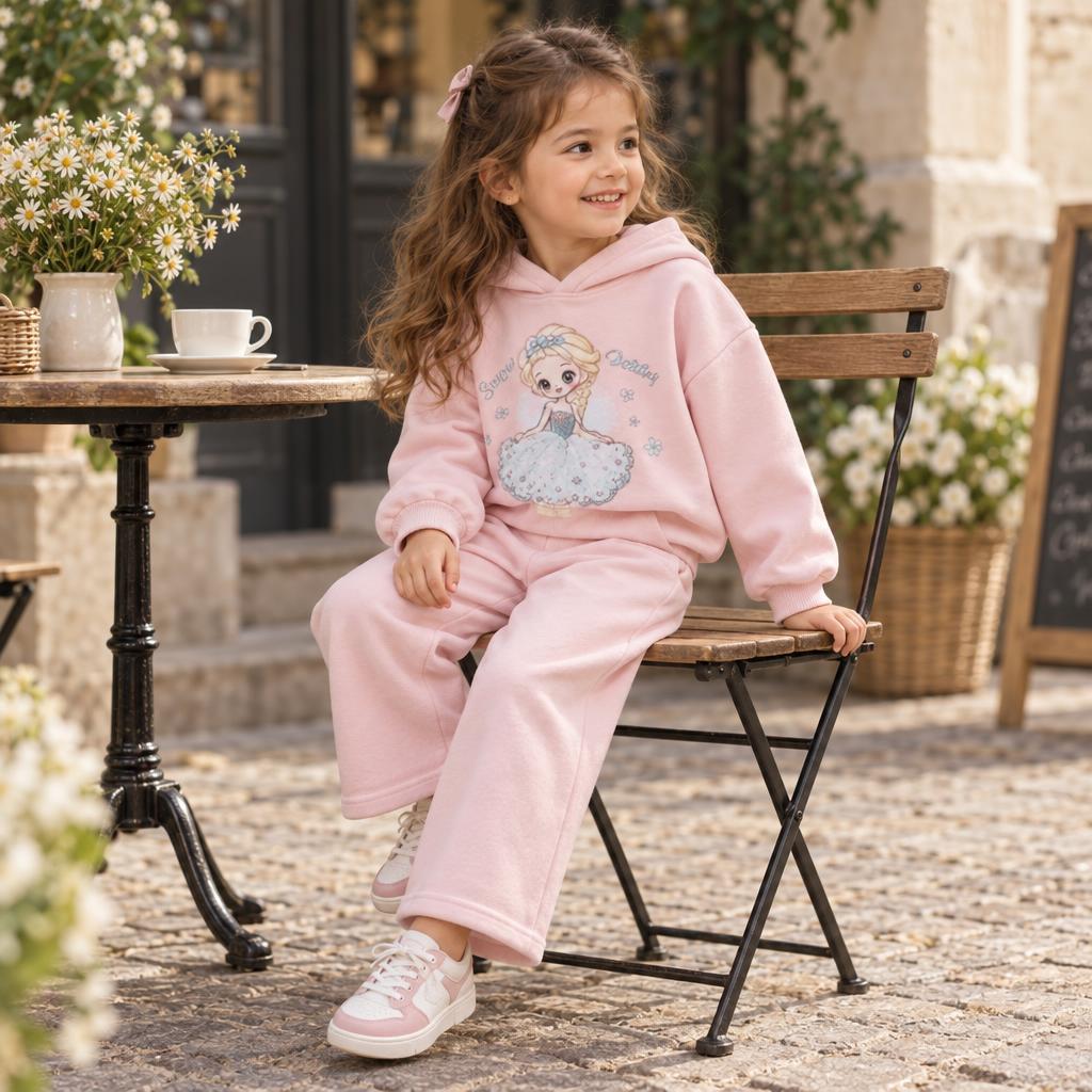 Girl wearing the Pink Snow Queen hooded sweatshirt and wide-leg trouser set, showing the princess print and scattered trouser dot details.