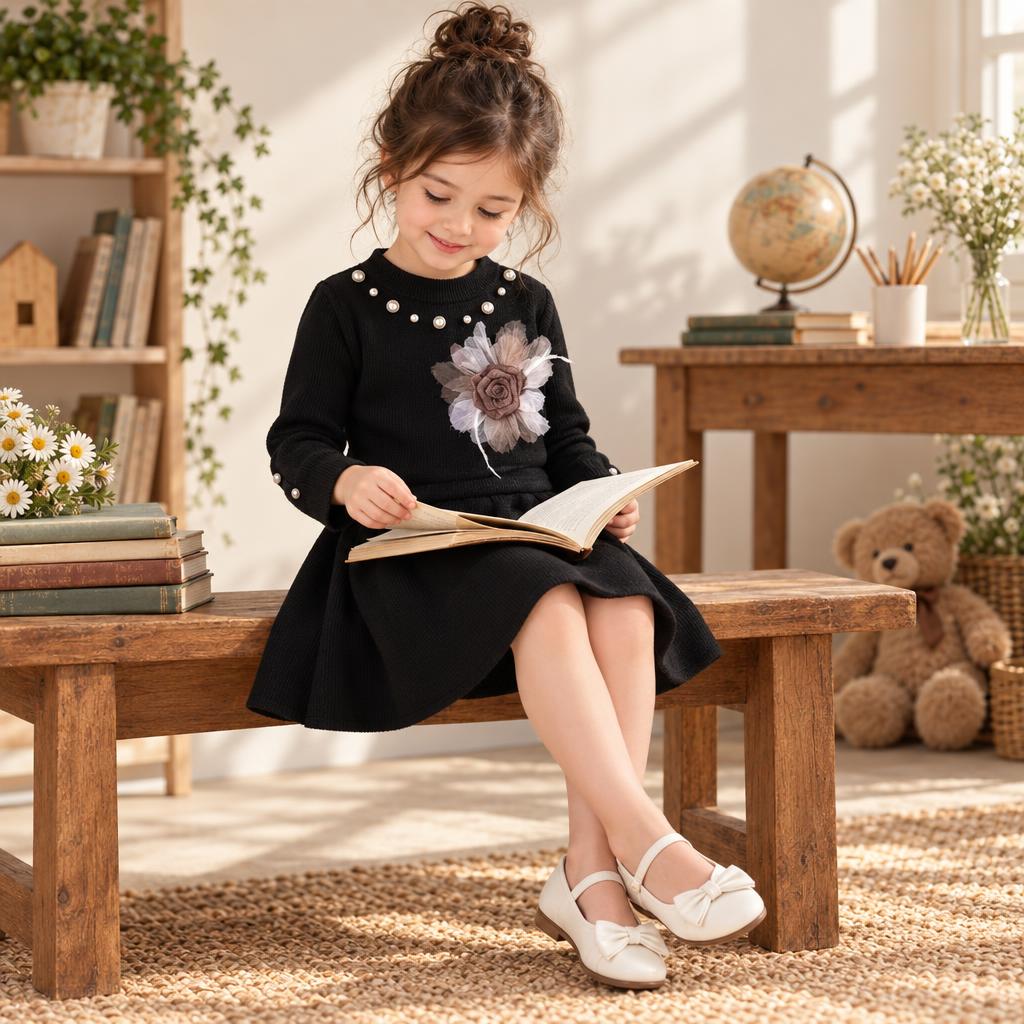 Girl wearing the Black pearl flower knit shirt and matching flared skirt, showing pearl neckline embellishments and mesh-petal flower detail.