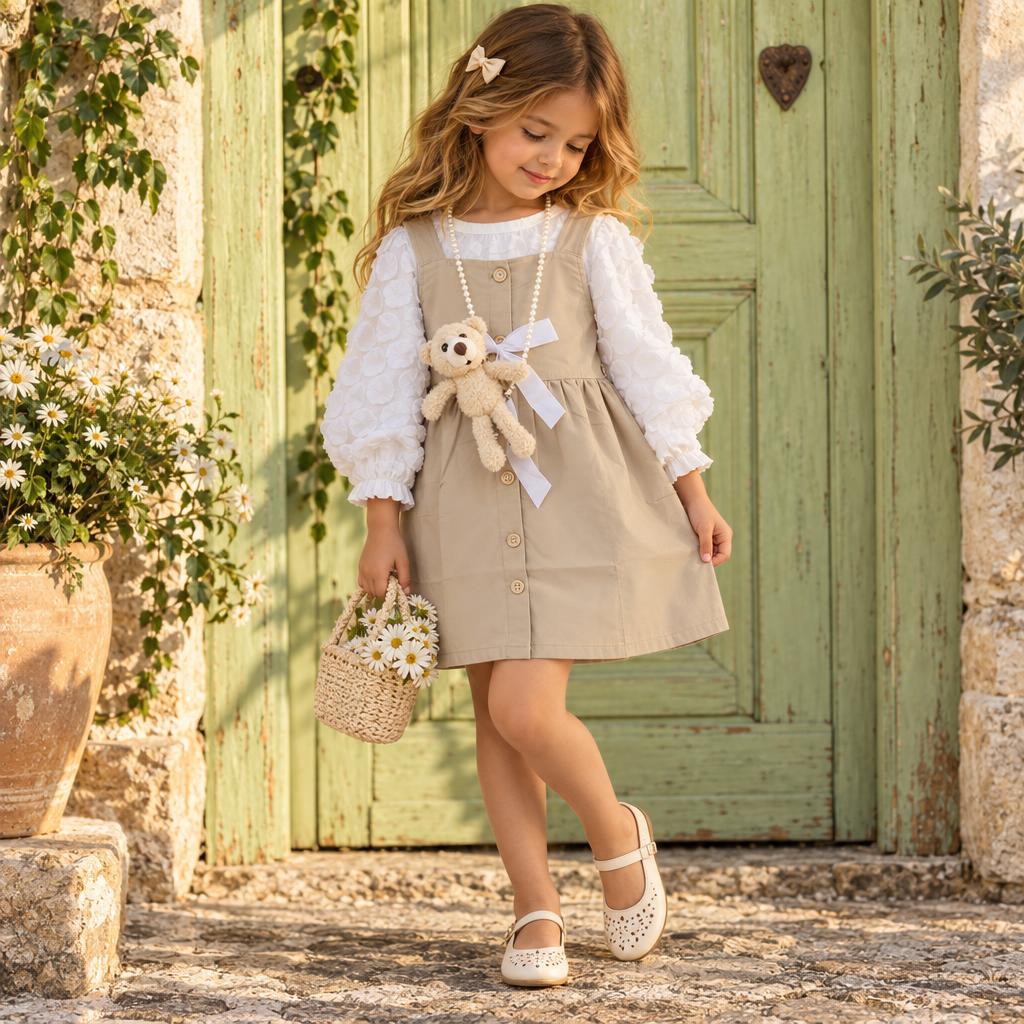 Girl wearing the Beige pinafore frock and White textured puff-sleeve shirt, showing the button front and White waist bow styling.