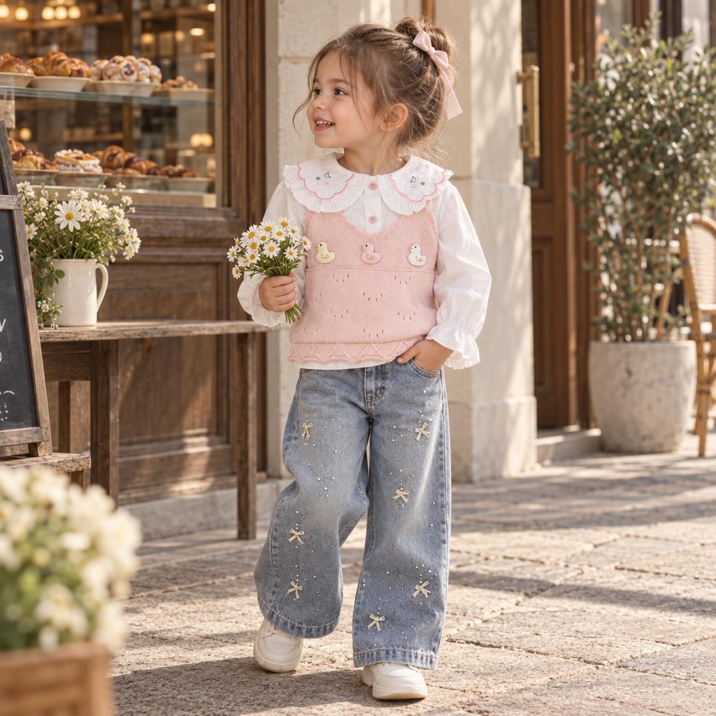 Little girl wearing the Pink bunny knit sweater vest, White scalloped-collar shirt and light Blue bow-detail wide-leg denim pants outdoors.