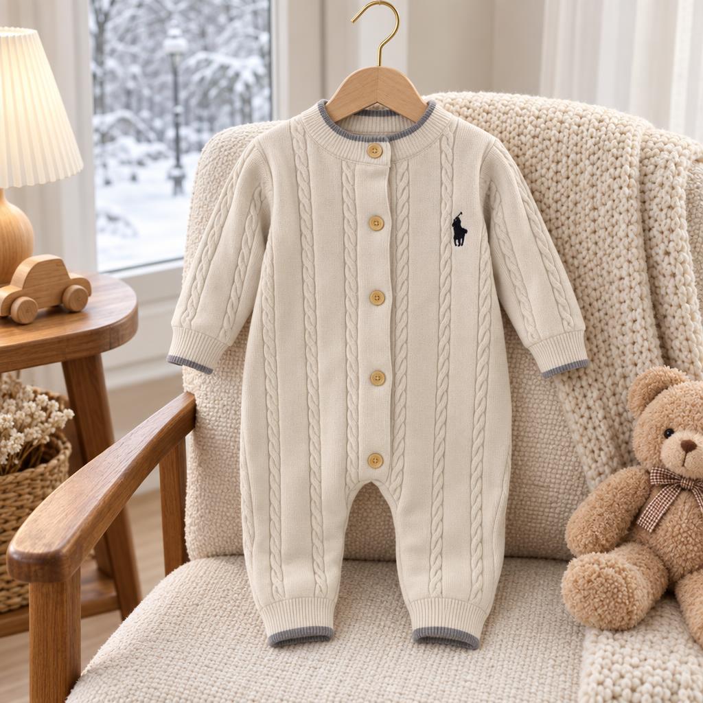White cable-knit baby romper displayed on a wooden hanger, featuring wood-look front buttons, grey trim and a dark horse-style chest embroidery.