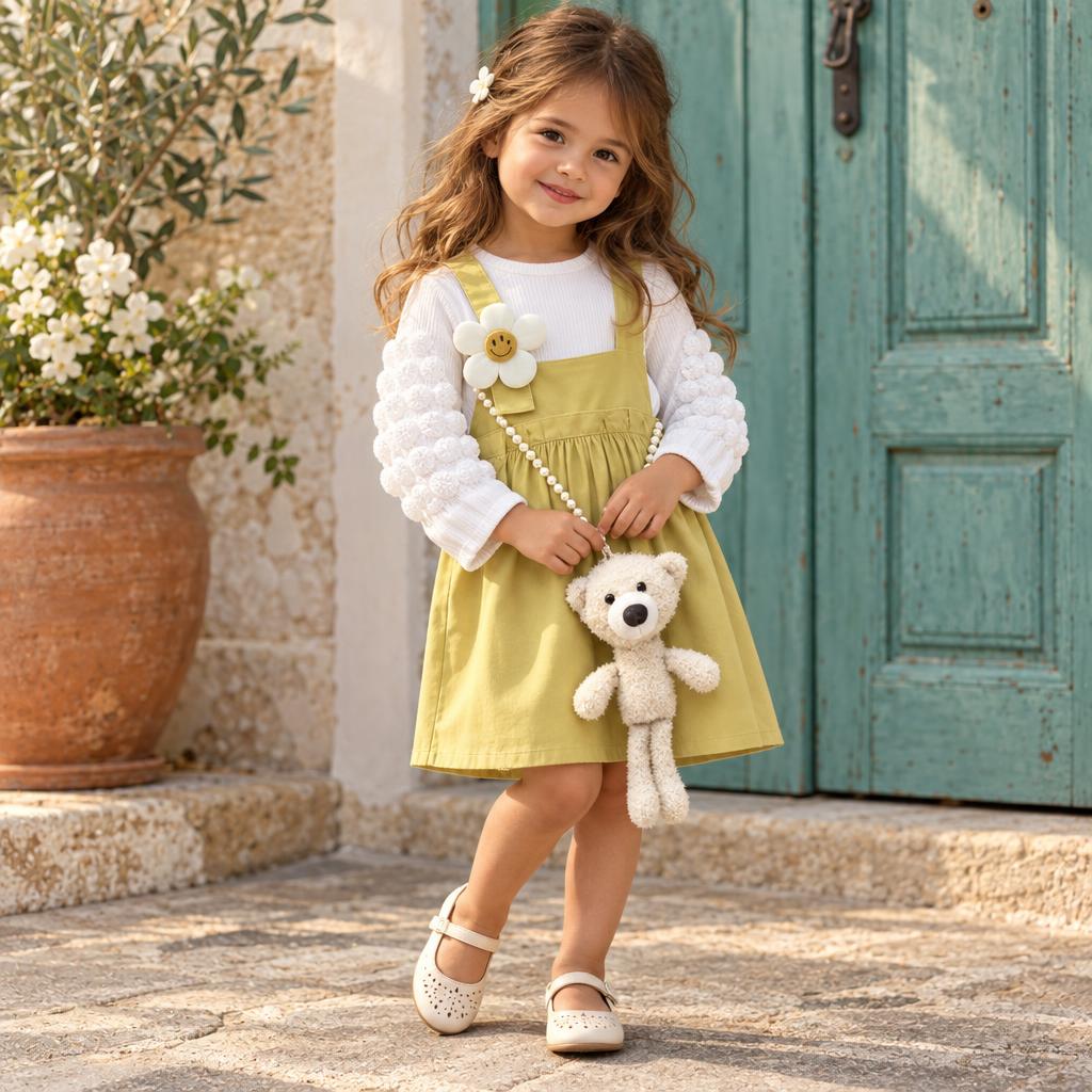 Girl modelling the Yellow pinafore frock and White textured-sleeve shirt set with flower strap appliques and a gathered flared skirt.