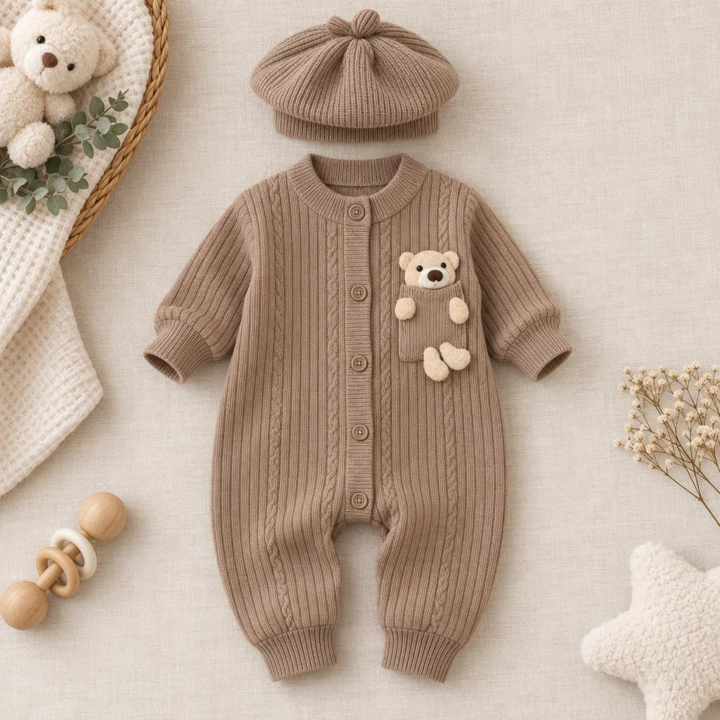 Brown ribbed and cable-knit-look baby romper with matching beret-style cap, featuring a button front and dimensional teddy pocket detail.