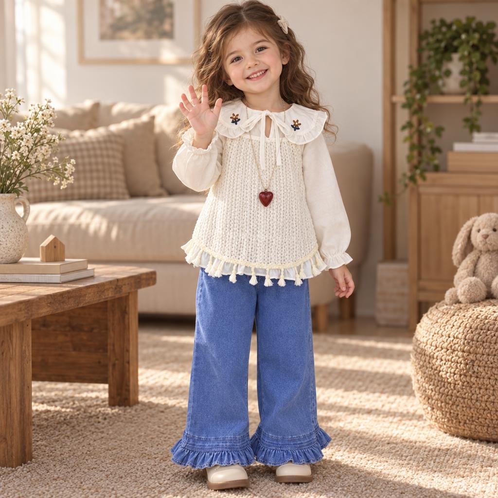 Girl wearing the White textured knit-look vest set, showing the floral collar embroidery, tassel-trim vest hem and Blue ruffle-hem pants.