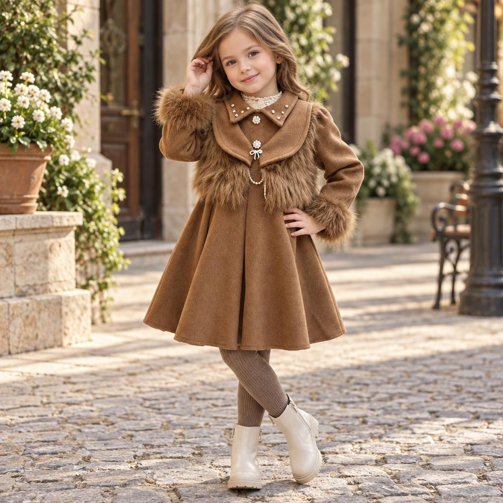 Girl modelling the brown fur panel frock and tights set outdoors, featuring a flared skirt, wide embellished collar and brown furry chest trim.