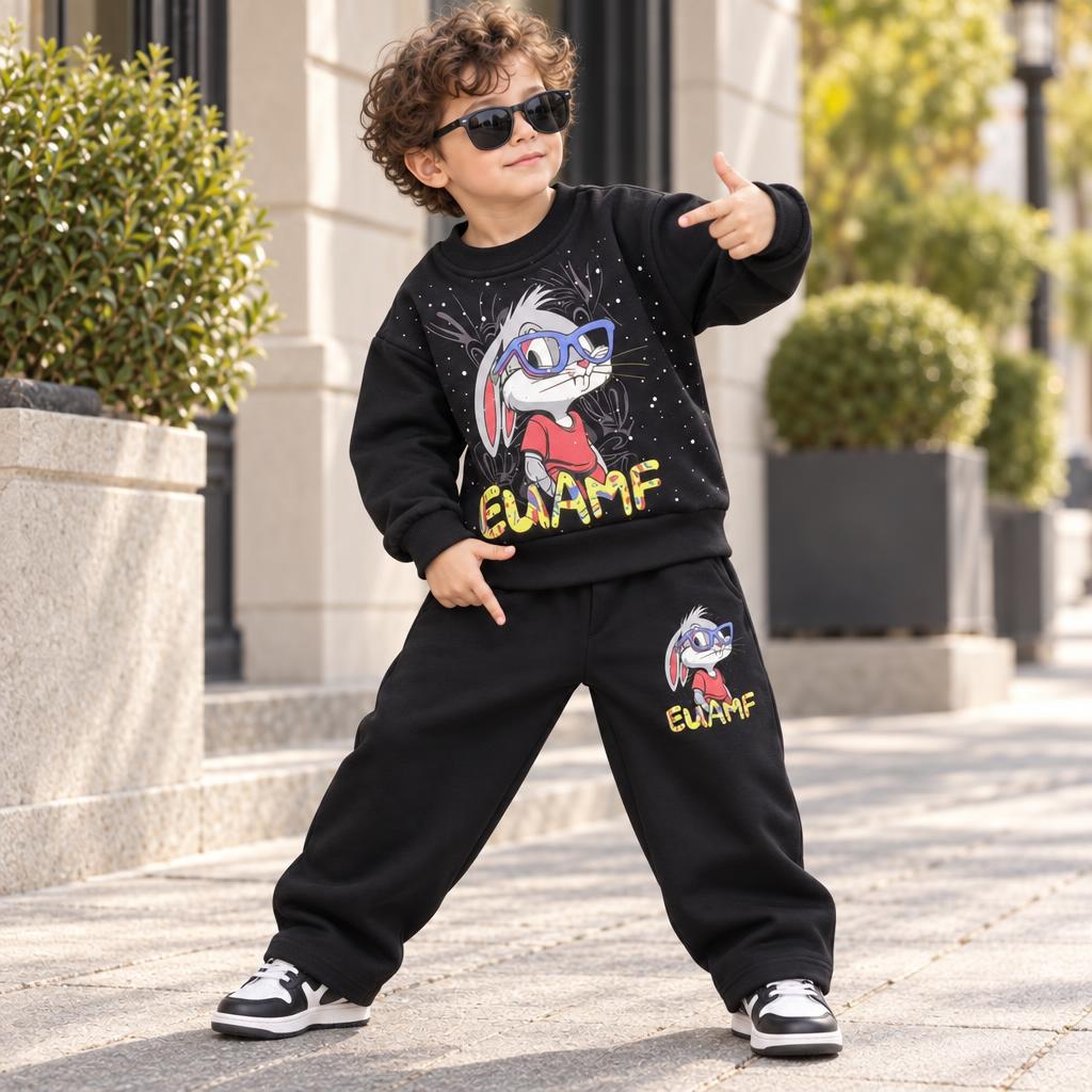 Boy modelling the Black bunny graphic sweatshirt and trouser set outdoors, showing the large character chest print and matching leg graphic.