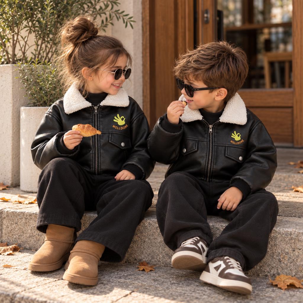 Two children wearing Black leather-look zip jackets outdoors, each featuring a Cream sherpa-look collar, flap chest pockets and a Yellow Green chest emblem.