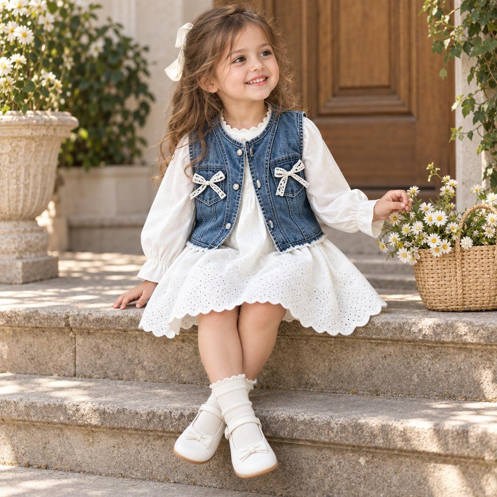Young girl wearing a White eyelet-style flared frock with puff sleeves and a Blue denim-look sleeveless jacket featuring White bows on the front pockets.