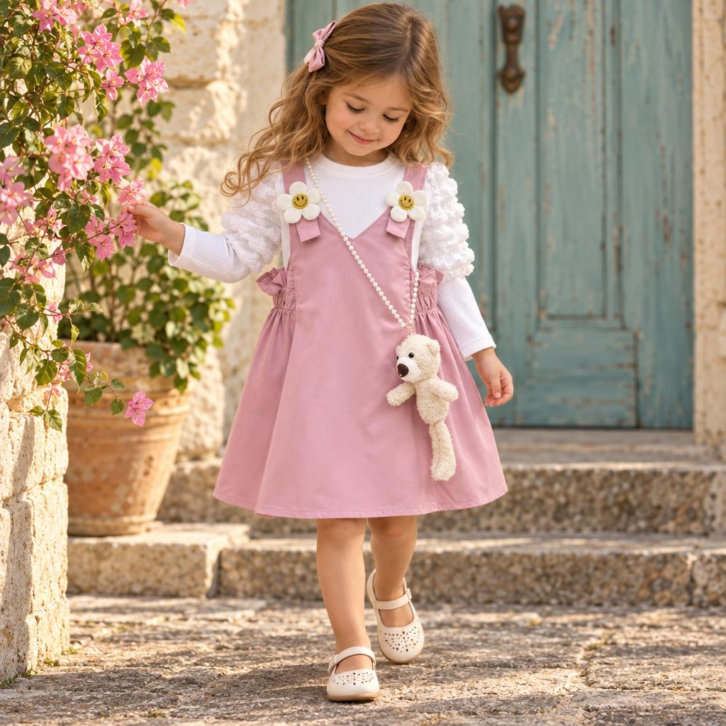Girl wearing the Pink daisy button pinafore frock and White long-sleeve shirt, featuring textured puff sleeves, strap flowers and side bows.