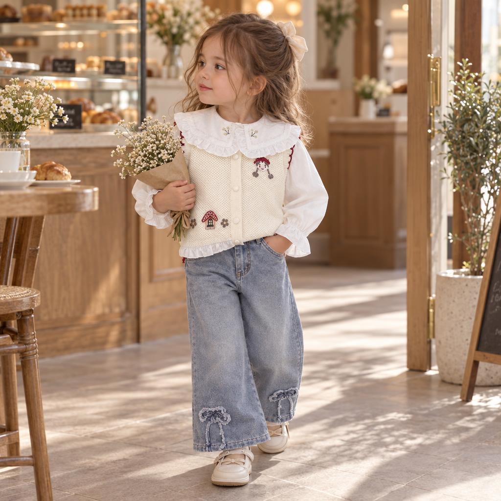 Girl wearing the Cream mushroom applique knit sweater vest, white ruffle-collar shirt and light Blue wide-leg denim-look pants in a café setting.
