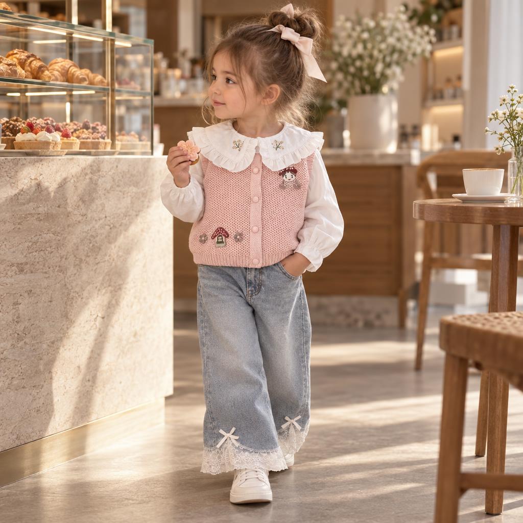 Girl wearing the Pink button-front mushroom knit sweater vest with a white ruffle-collar shirt and lace-trim Blue denim-look pants.