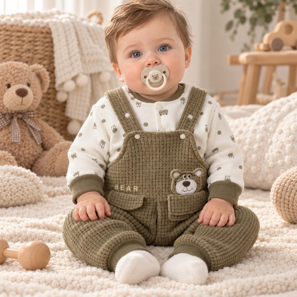 Baby wearing the Olive Green textured bear pocket dungaree with a white bear-print long-sleeve shirt, seated on a cream nursery rug.