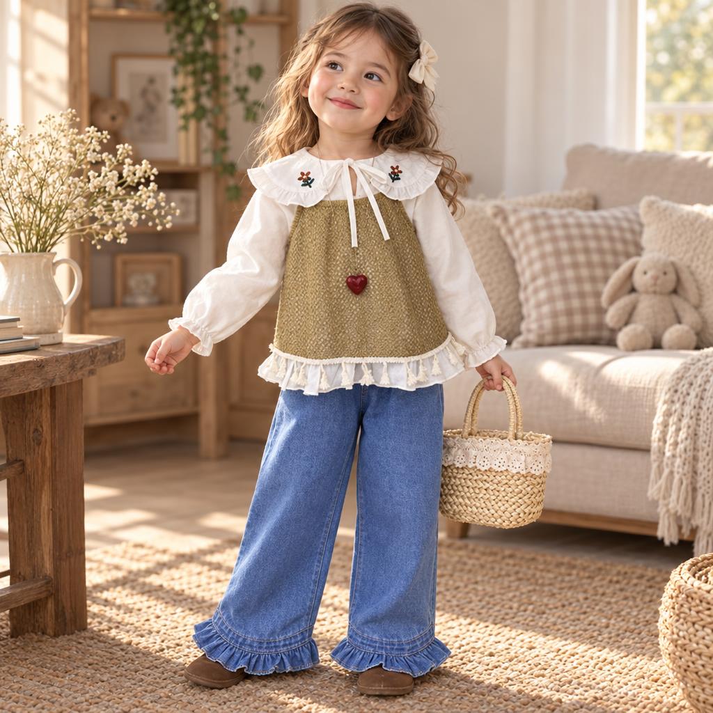 Girl wearing the Brown textured knit-look vest, White floral ruffle-collar shirt and Blue wide-leg denim-look pants with ruffle hems.