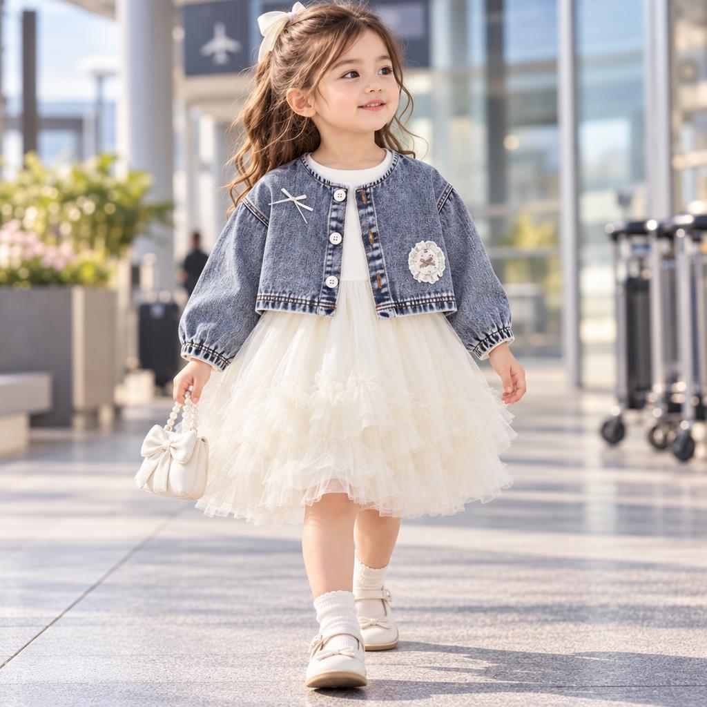Little girl wearing the Blue denim-look flower applique jacket with a full layered White tulle frock, shown walking outdoors.