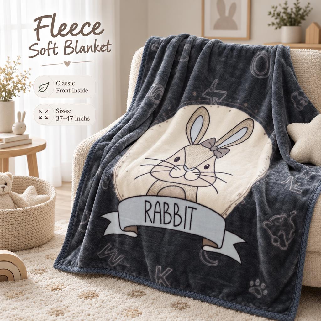 Charcoal Grey fleece soft blanket draped over an armchair, featuring a bunny face inside a Cream panel and a RABBIT banner.