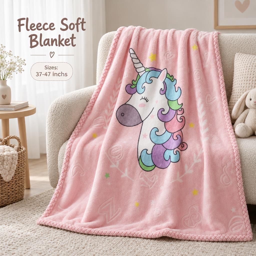 Pink fleece soft blanket presented over an armchair, featuring a large pastel-maned unicorn face, small stars and braided-look Pink edging.