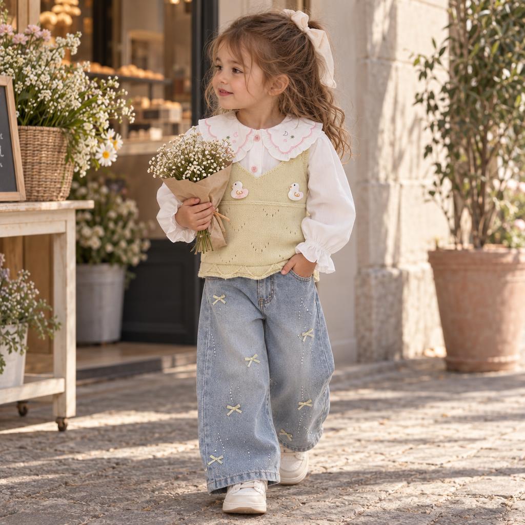 Little girl wearing the Yellow bunny knit sweater vest with a White ruffle-cuff shirt and bow-decorated light Blue denim pants.