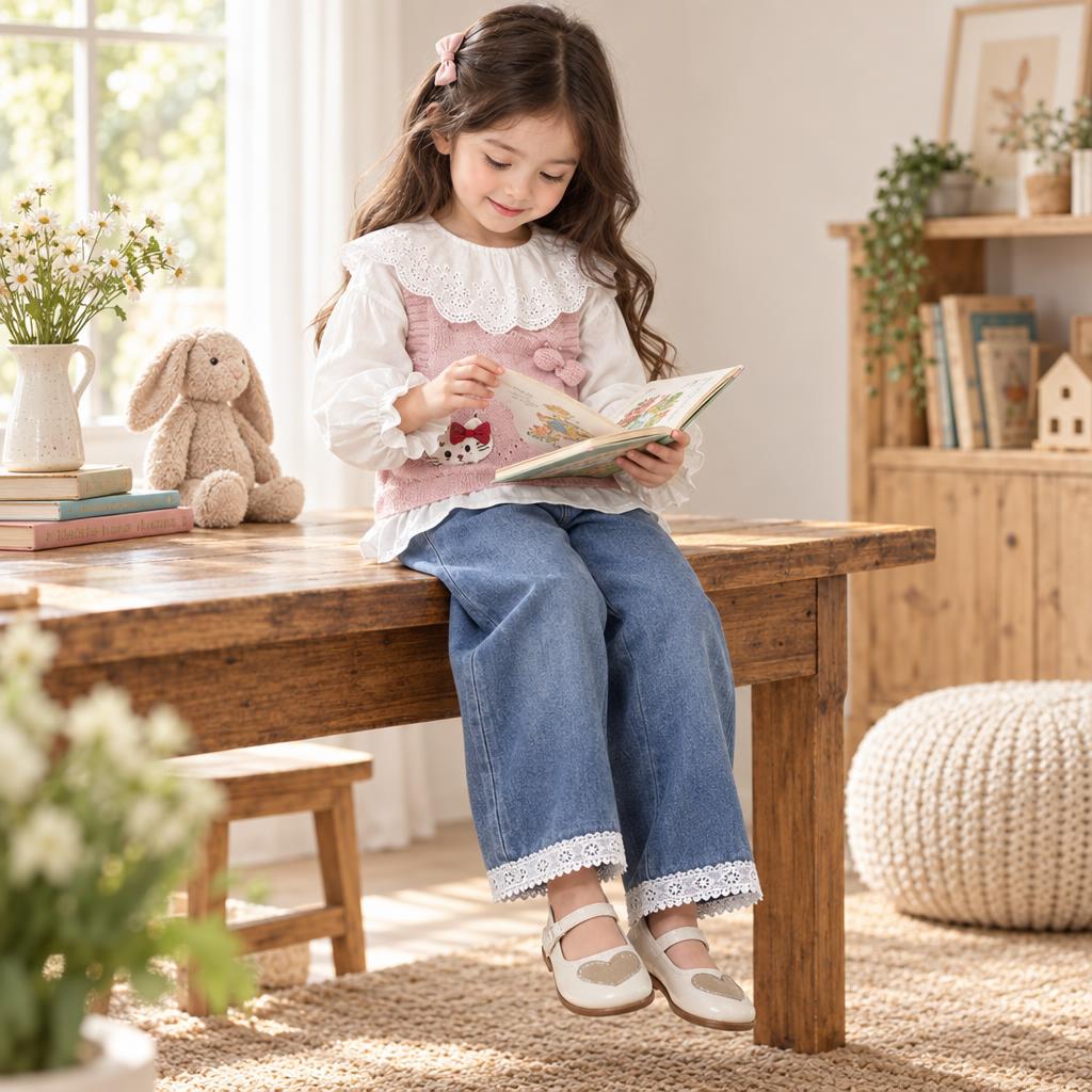 Girl wearing the Pink cat knit sweater vest with pom-pom flowers, White eyelet-collar shirt and lace-hem denim pants.