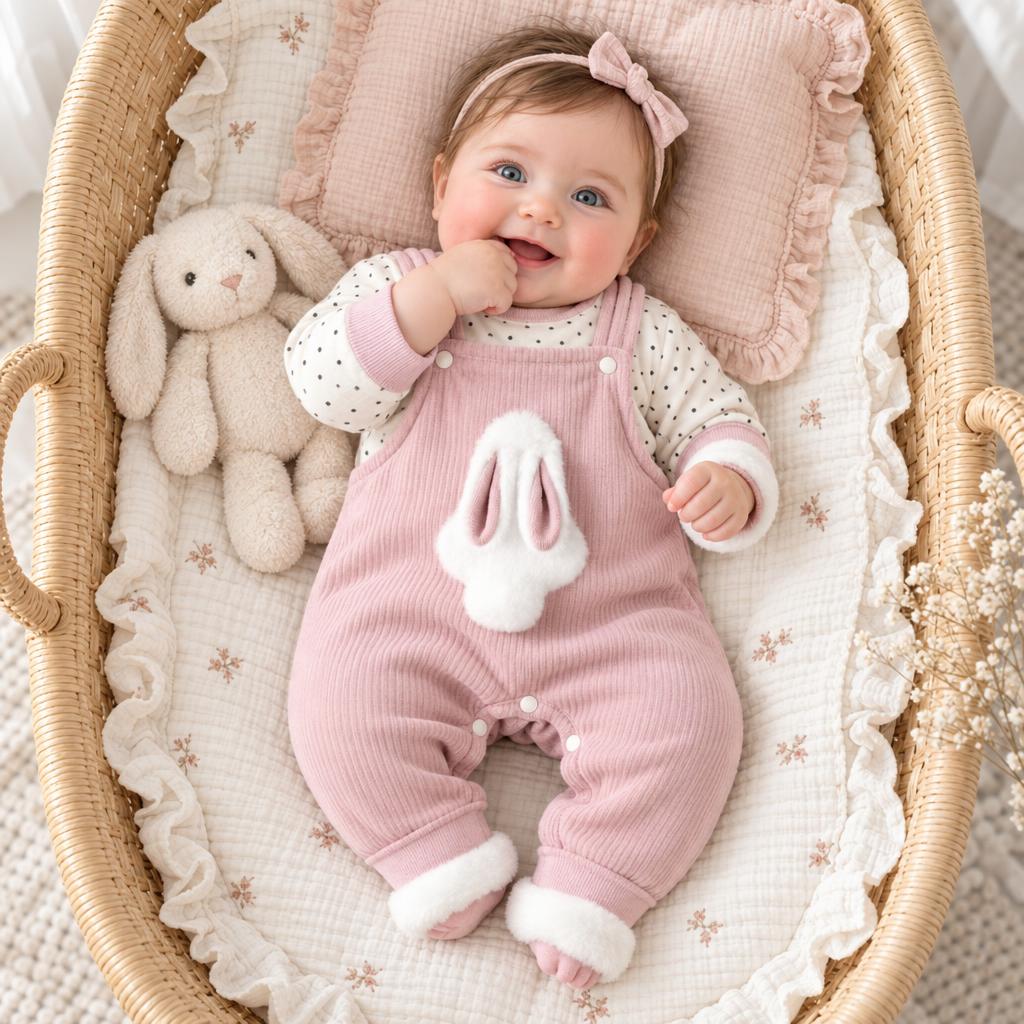 Baby wearing the Pink ribbed dungaree and printed shirt set in a wicker basket, showing the fluffy white bunny applique and pom-pom tail.