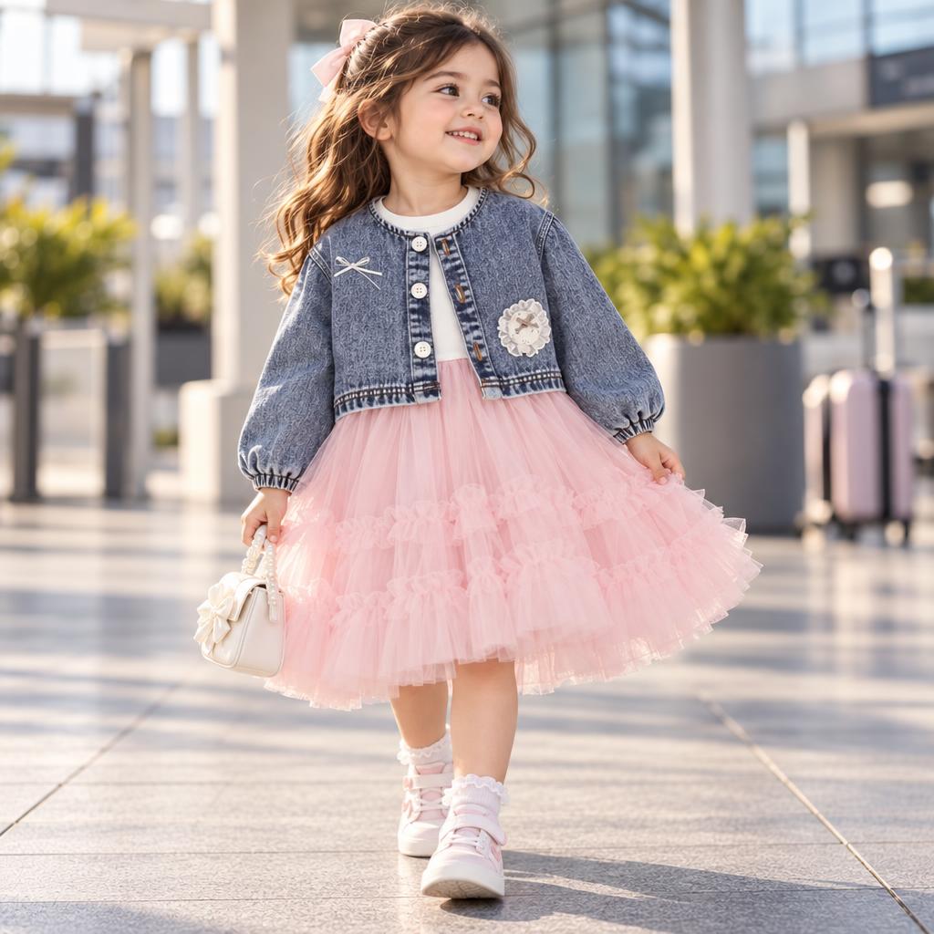 Little girl wearing the Blue puff-sleeve denim-look jacket and Pink layered tulle frock, shown in an outdoor lifestyle pose.