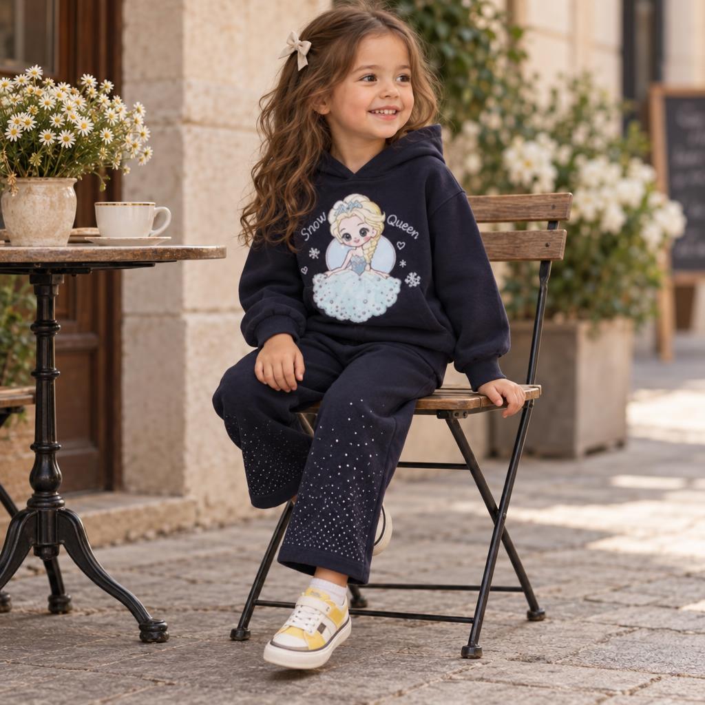 Girl wearing the Navy Blue Snow Queen hooded sweatshirt and matching trousers, seated outdoors with the front character graphic visible.