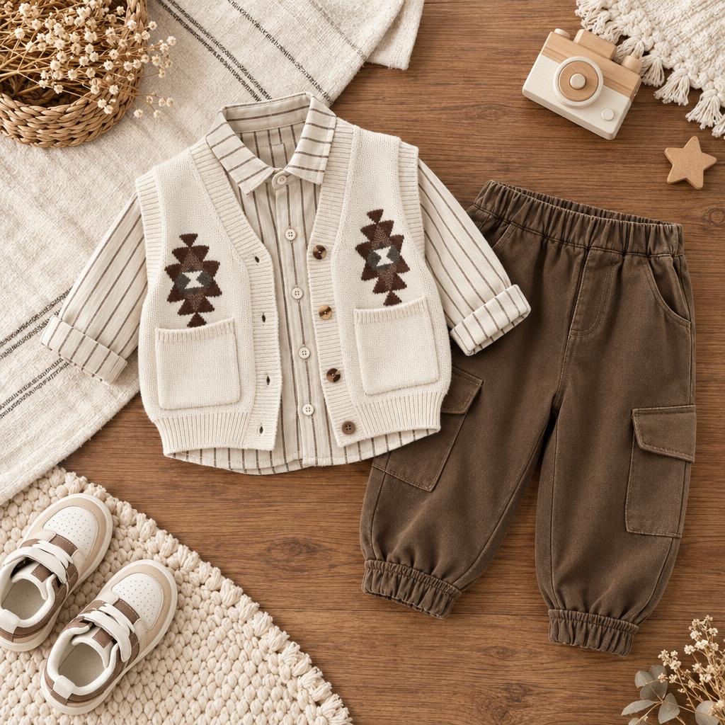 Cream boys three-piece outfit laid flat with a brown geometric knit vest, striped collared shirt and Brown cargo jogger trousers with flap pockets.