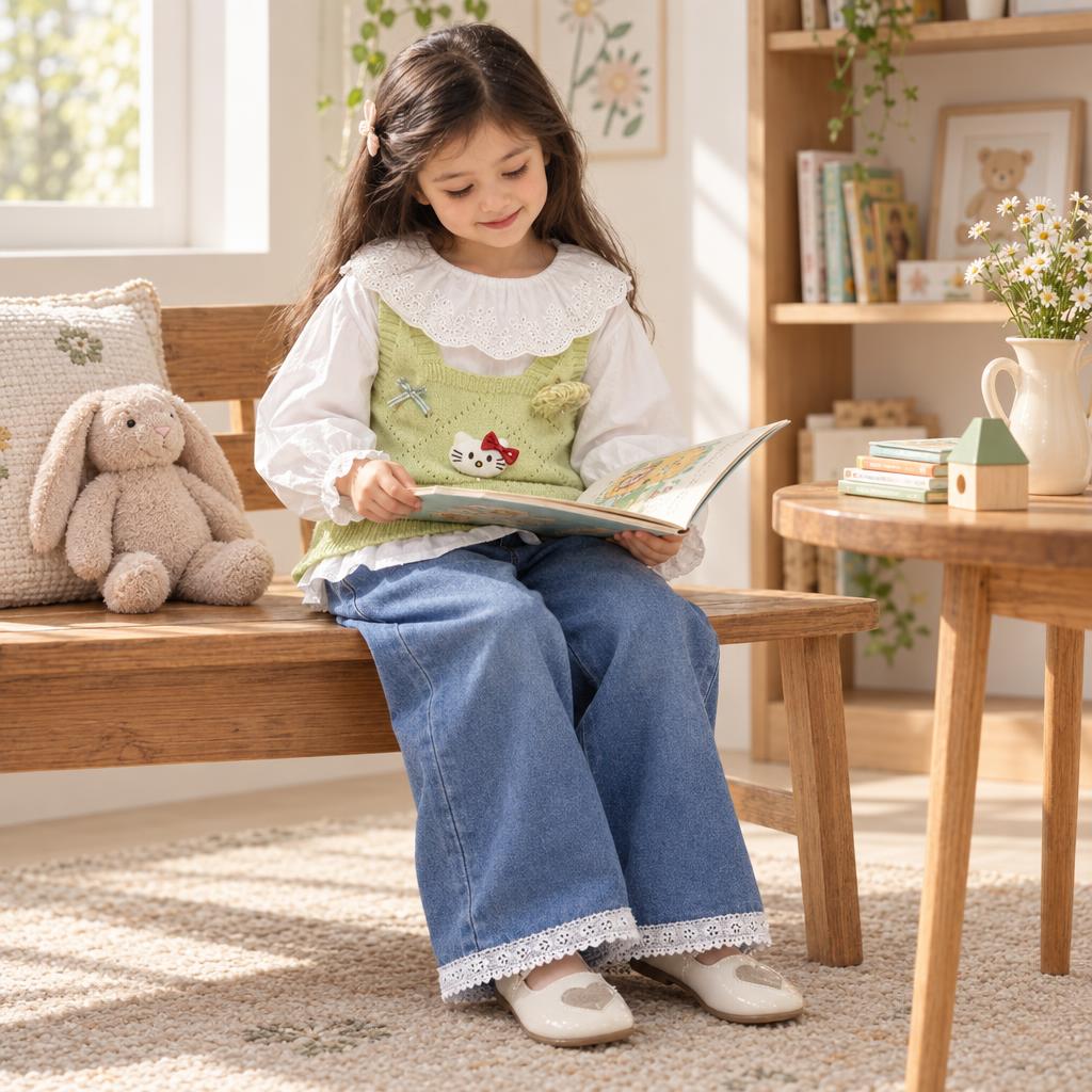Girl wearing the Lime cat knit sweater vest, White scalloped-collar shirt and Blue wide-leg denim pants while reading on a wooden bench.