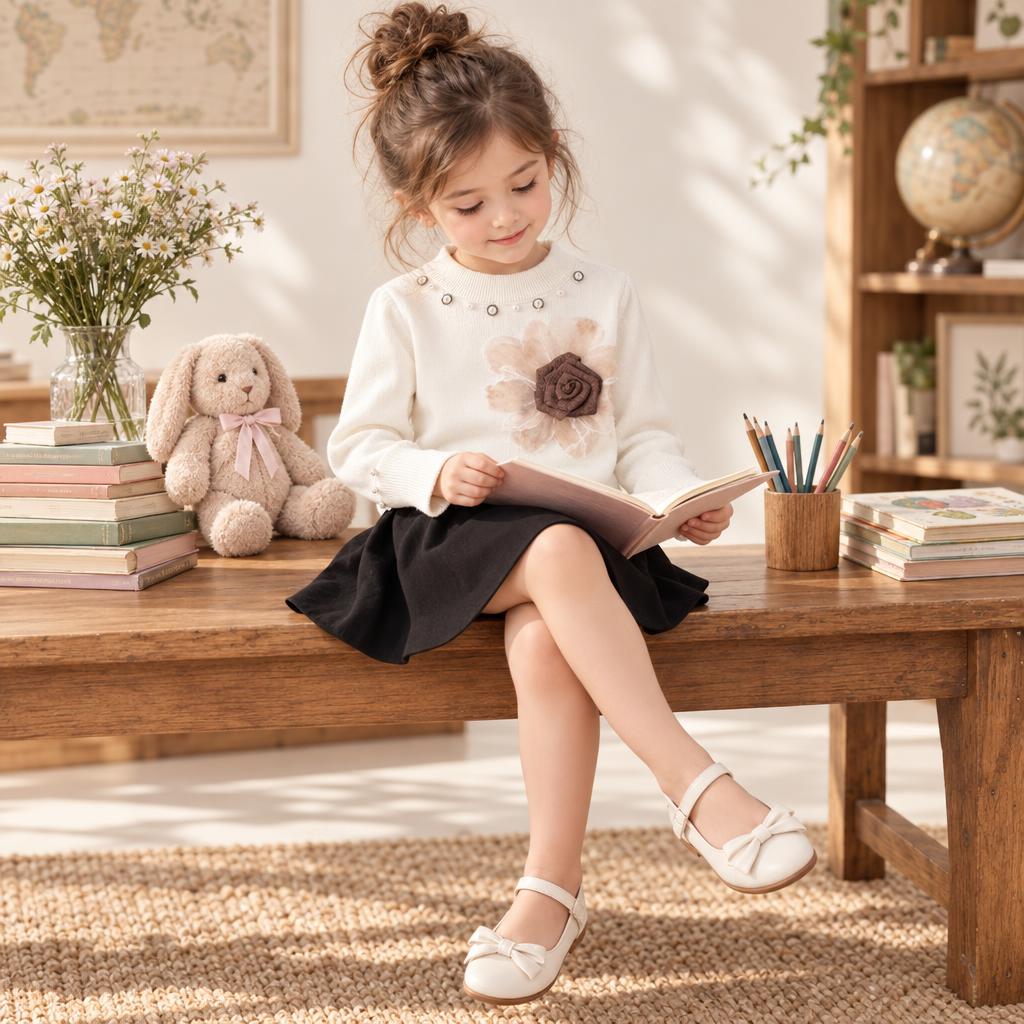 Girl wearing the White pearl-trim knit shirt with layered Brown flower applique and matching Black flared skirt.