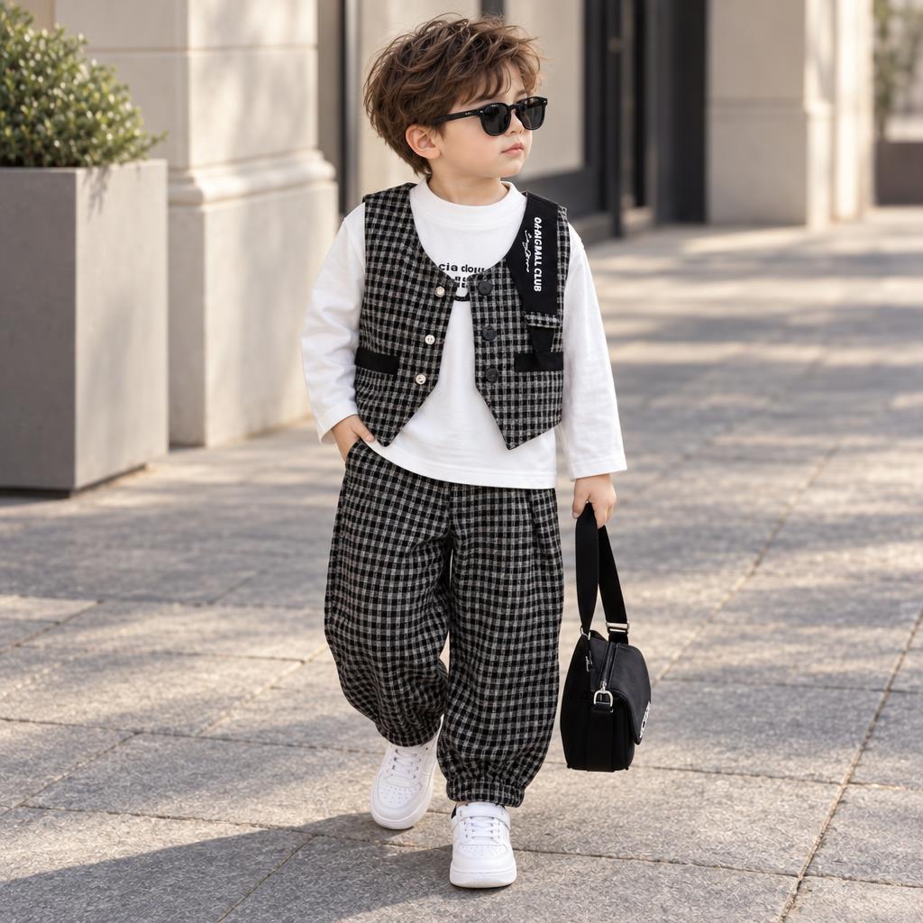 Little boy wearing the Black and Grey checked vest, White long-sleeve shirt and matching cuffed trousers, styled outdoors with the vest button detail visible.