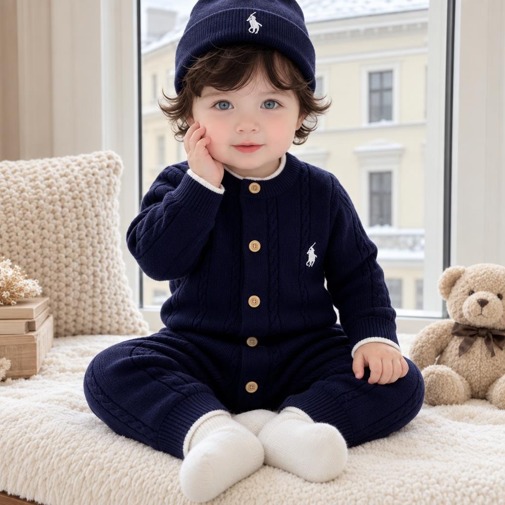 Baby wearing the Blue cable-knit button-front romper with matching Blue knit cap, seated indoors with the small White horse-style chest embroidery visible.