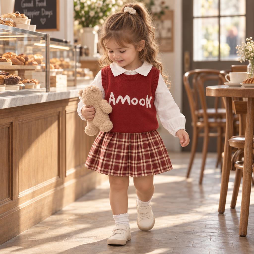 Young girl modelling the Burgundy Amour sweater vest, White collared puff-sleeve shirt and Burgundy Cream check skirt set while holding a teddy bear.
