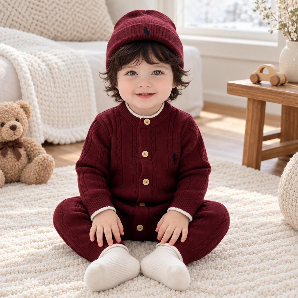 Baby wearing the Red cable-knit button-front romper with matching Red knit cap, seated on a textured rug with cable panels and chest embroidery visible.
