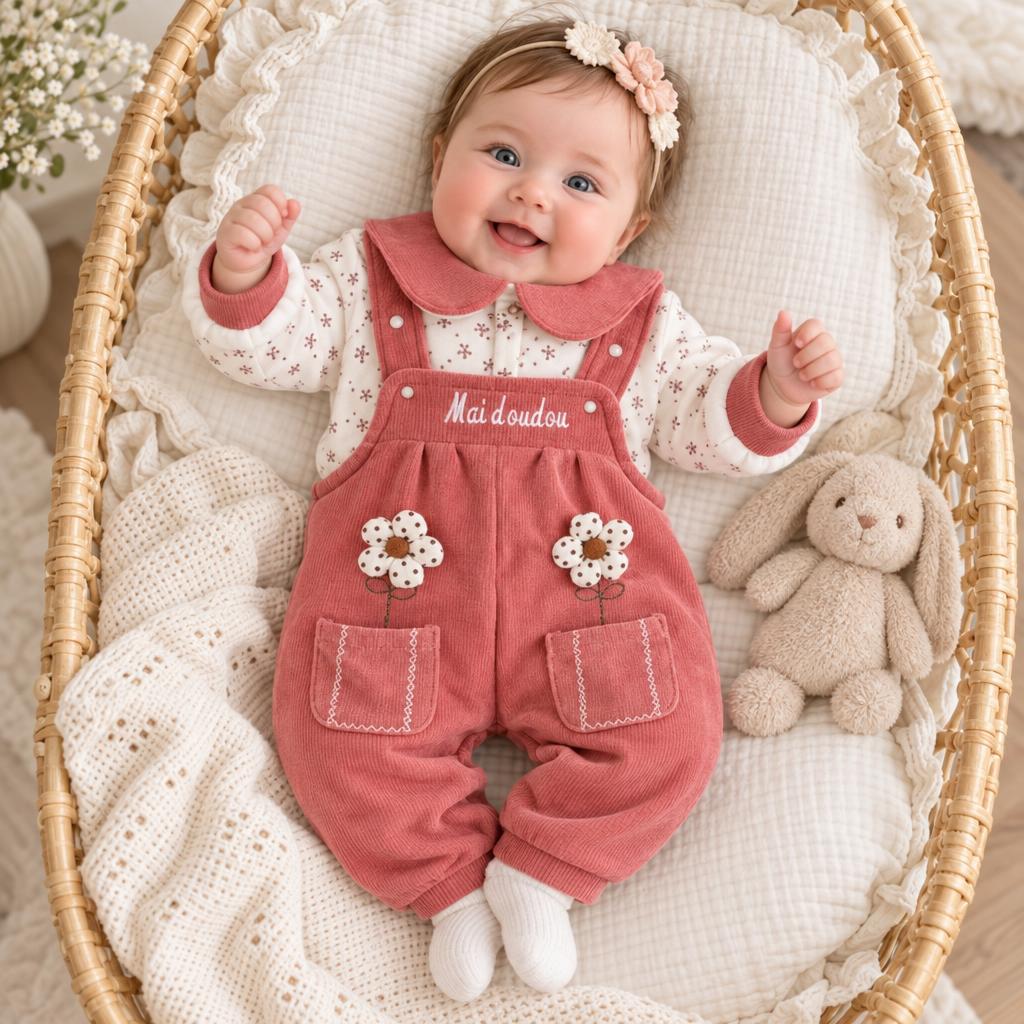 Baby girl wearing the White floral shirt and Rose Pink ribbed-look dungaree set, shown lying in a wicker bassinet with flower appliques and front pockets visible.