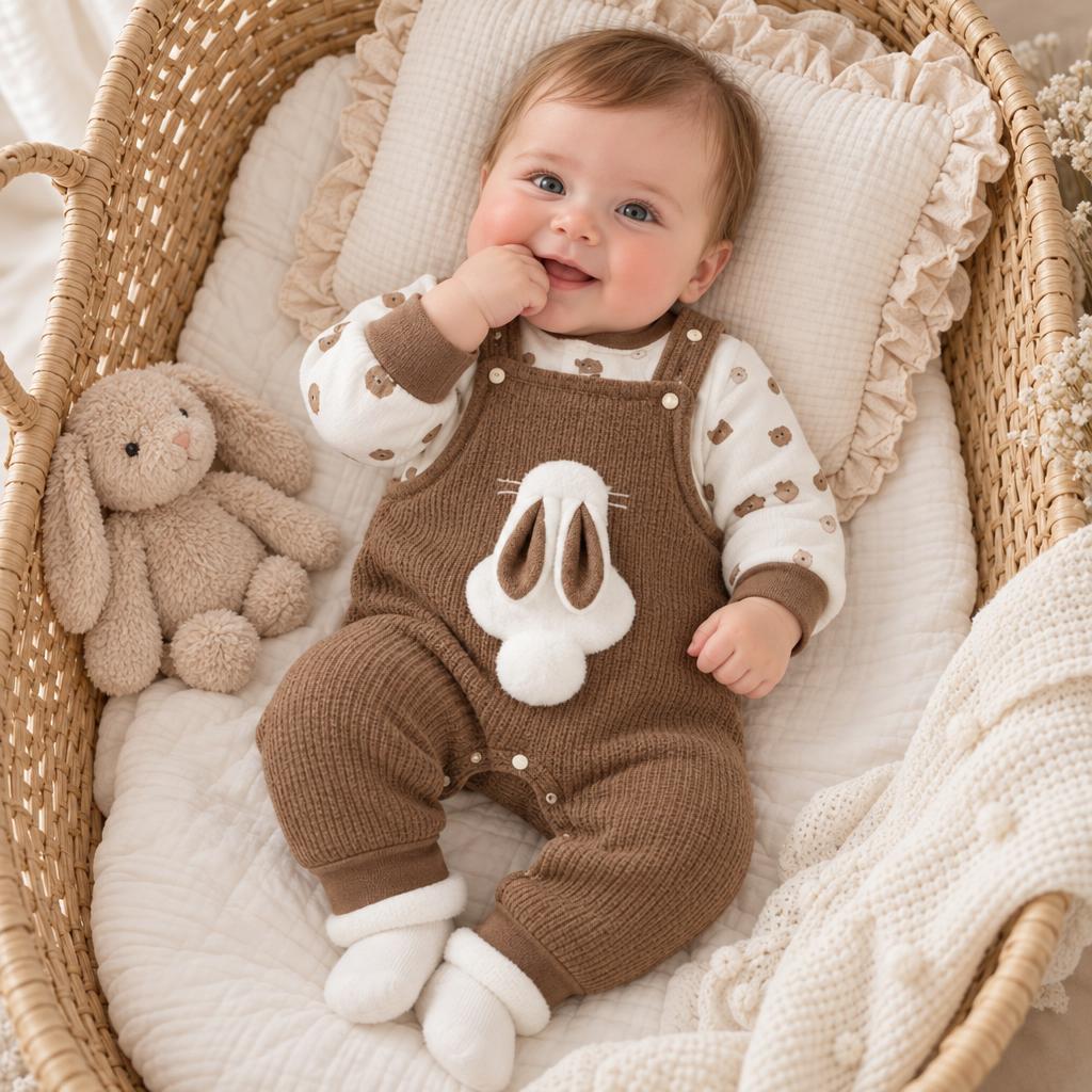 Baby wearing the Brown ribbed dungaree and bear-print shirt set, with bunny-face front applique and inner-leg snap buttons visible.
