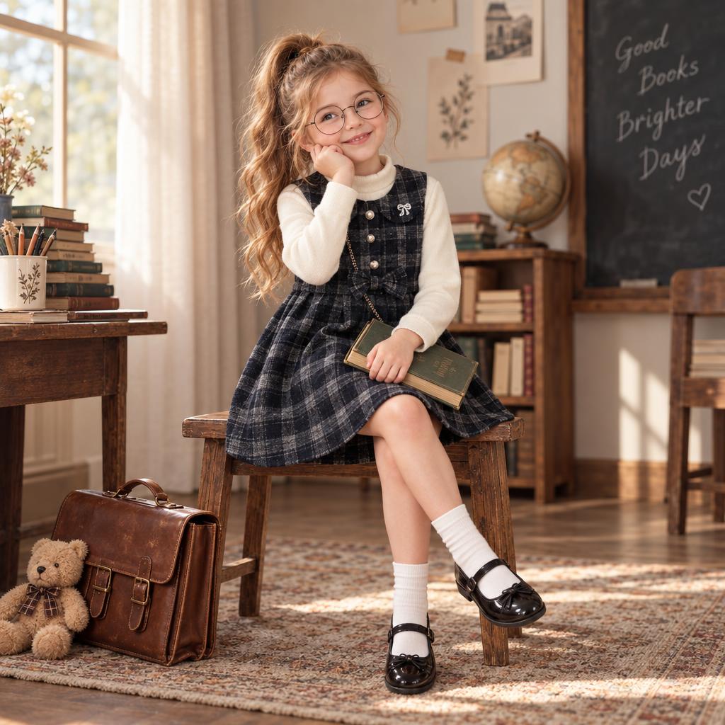 Girl wearing the Blue check pinafore frock and White high-neck shirt set, styled with pearl buttons and a small dark crossbody bag.
