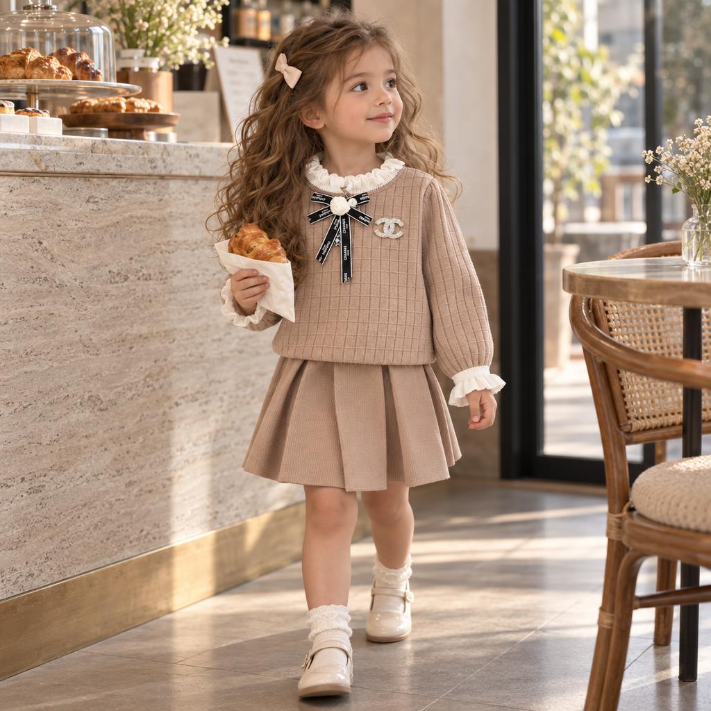 Girl modelling the Brown textured sweater and pleated skirt set with Cream ruffle neckline, puff sleeves and Black bow detail.